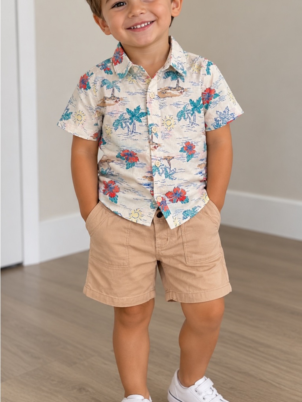 Boys' Cream Tropical Print Short-Sleeve Button Shirt